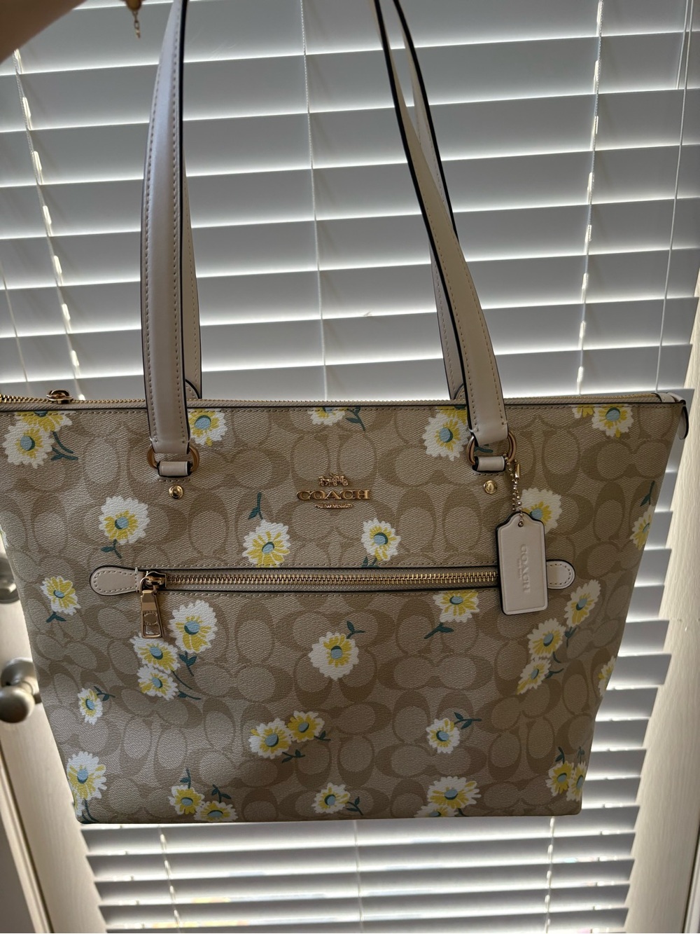 Coach Gallery 32 Beige Floral Canvas Tote with White Handles
